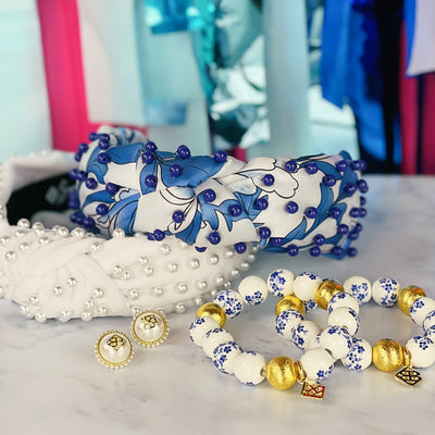 Blue and White Floral Beaded Brianna Bracelet