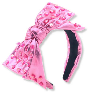 Adult Size Pink Bow Headband with Heart Beads