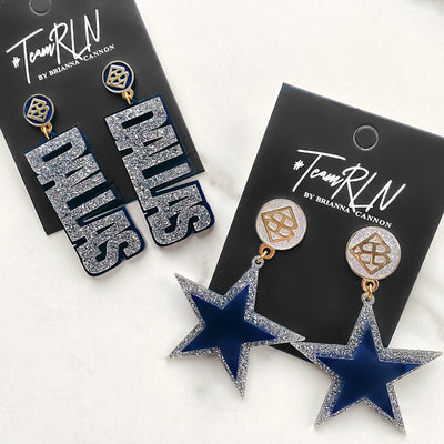 Team Colors - Navy Blue Star Earrings over Silver Glitter with Silver Glitter Large BC Logo Top