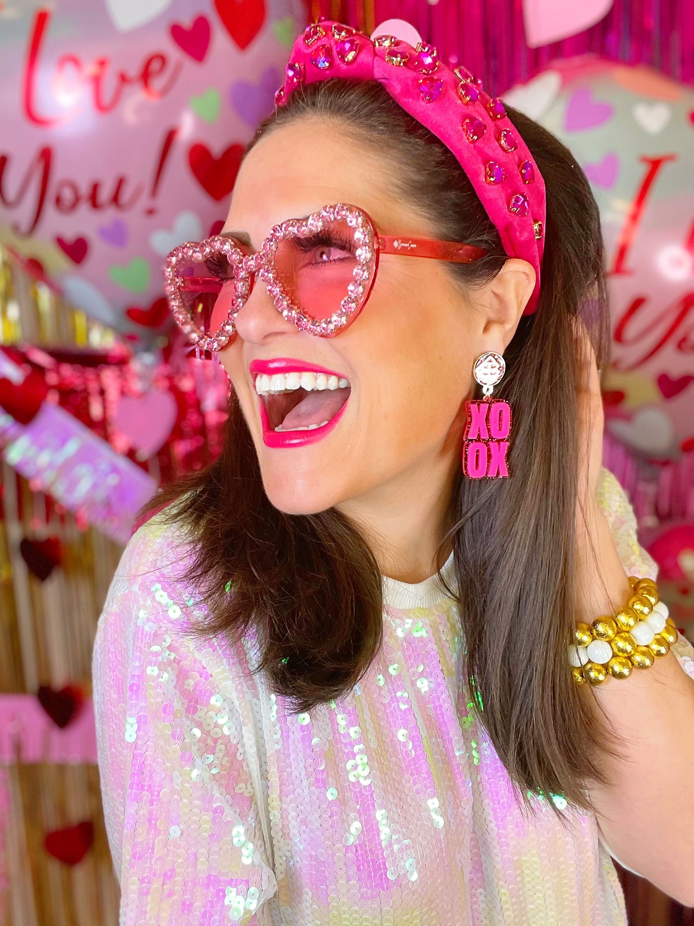 Hot Pink Velvet Headband with Hand-Sewn Hot Pink Crystal Hearts