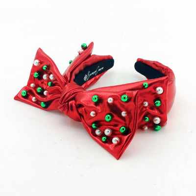 Child Red Christmas Bow Headband with Beads
