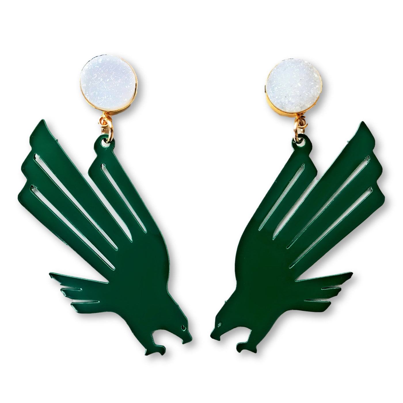 UNT Green Eagle Logo Earrings with White Druzy